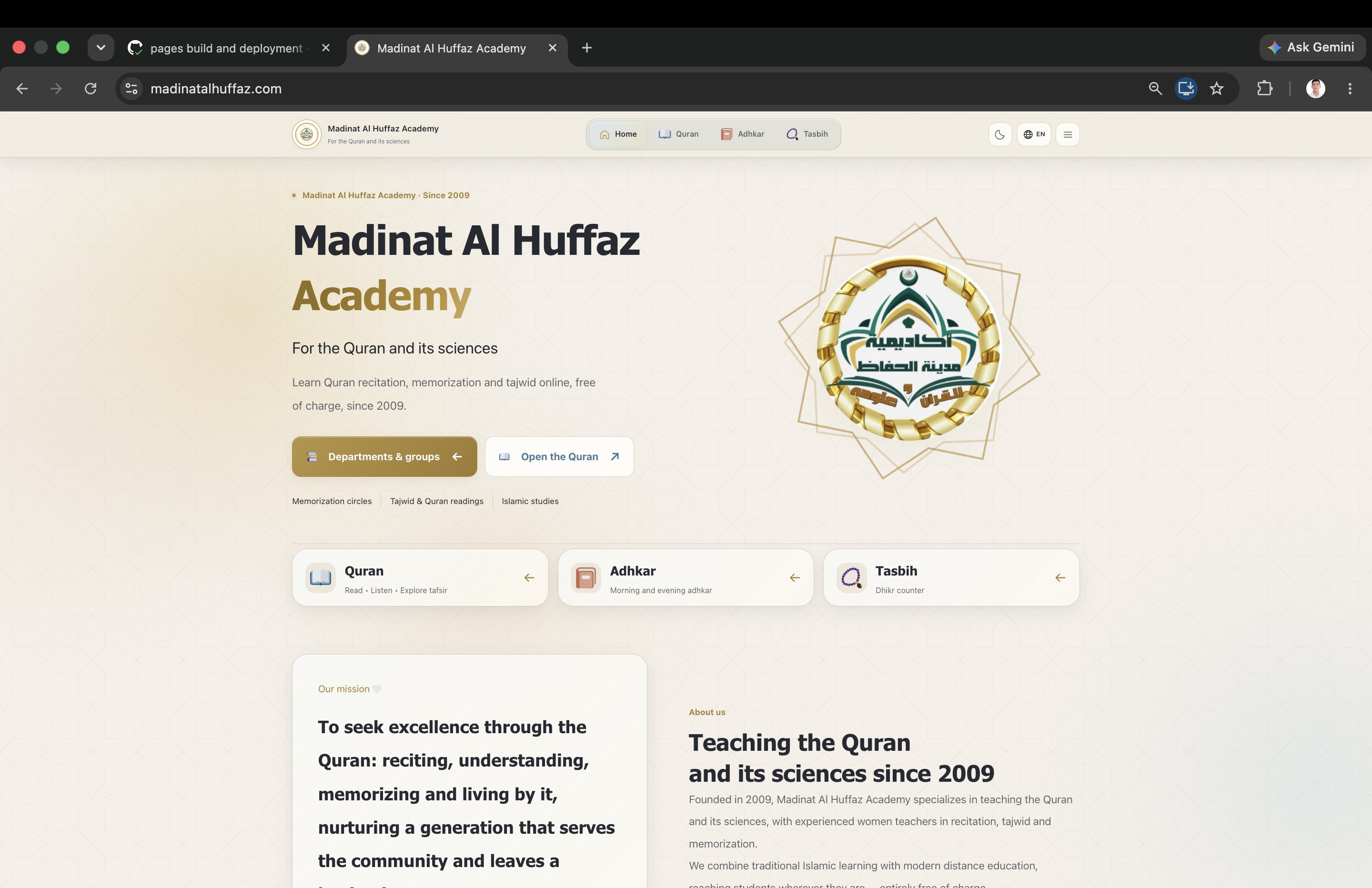 Madinat Al Huffaz Academy website, showing its cream and gold homepage, academy logo, and Quran, Adhkar, and Tasbih resources