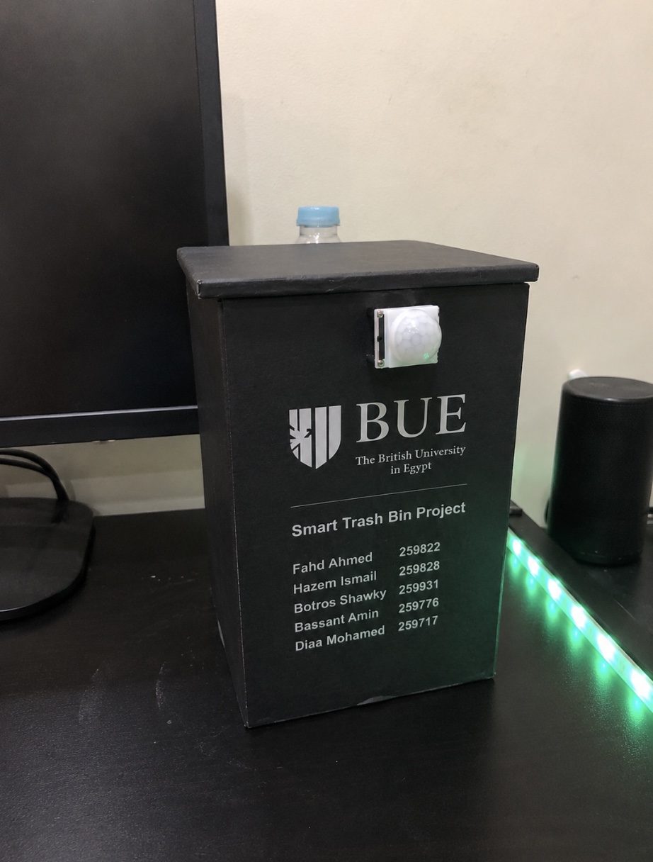 The finished black Smart Trash Bin prototype, with its front sensor and illuminated LED strip